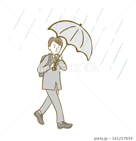 雨風強い中、傘をさして歩くスーツ姿の男性 雨風強い中、傘をさして歩くスーツ姿の男性 141257654