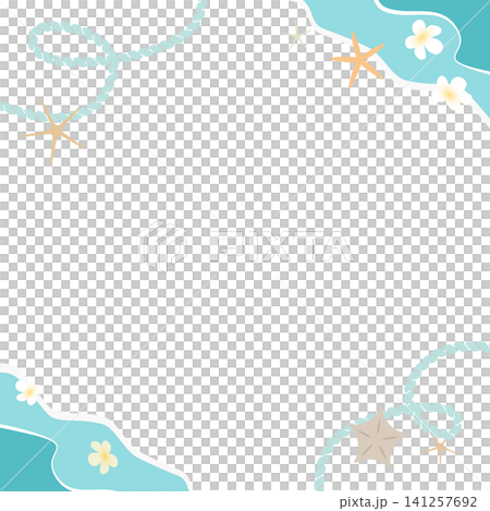 夏季海洋邊框背景插圖(透明,留有空白區域),包含沙灘、繩索、海星和雞蛋花。 夏季海洋邊框背景插圖(透明,留有空白區域),包含沙灘、繩索、海星和雞蛋花。 141257692
