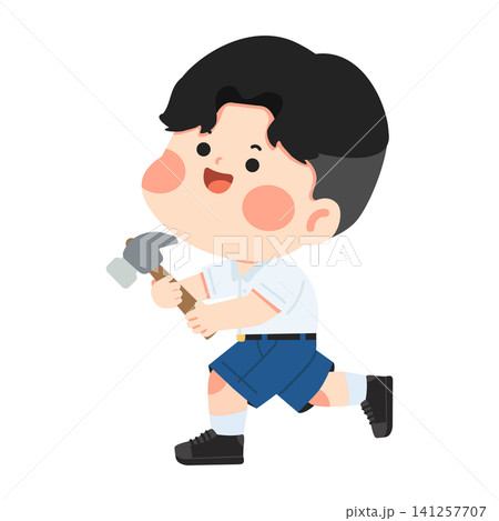 Boy Holding Hammer and Running Boy Holding Hammer and Running 141257707