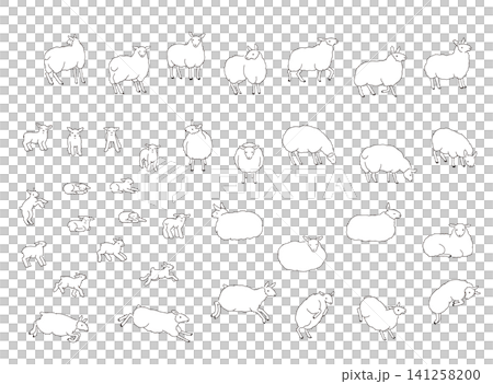 一組描繪母羊和小羊各種姿勢的線條畫插圖。 一組描繪母羊和小羊各種姿勢的線條畫插圖。 141258200