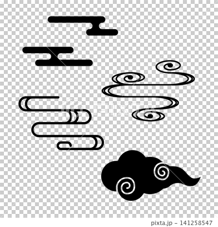 塗りつぶしと線画を組み合わせた伝統的な和風の雲のセット 141258547