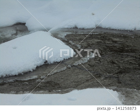 Cold flowing waters of river OStravice with remainders of ice on the surface Cold flowing waters of river OStravice with remainders of ice on the surface 141258873