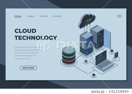 Cloud computing isometric landing page. Cloud storage server. Cloud computing online database technology. Isometric technology 141258943