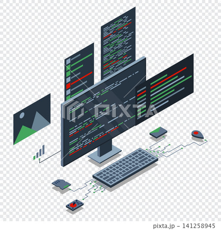 Computer technology isometric illustration. Desktop computer platforms. Software programming coding concept. Code with computer monitor. Isometric technology Computer technology isometric illustration. Desktop computer platforms. Software programming coding concept. Code with computer monitor. Isometric technology 141258945