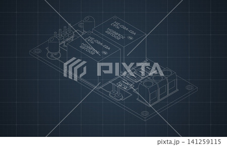 Isometric electronic board blueprint. Isometric printed circuit board with electronic components. Electronic components and integrated circuit board Isometric electronic board blueprint. Isometric printed circuit board with electronic components. Electronic components and integrated circuit board 141259115