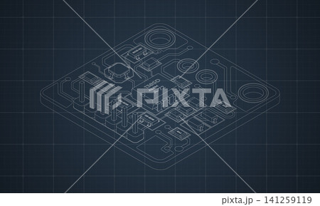 Isometric electronic board blueprint. Isometric printed circuit board with electronic components. Electronic components and integrated circuit board 141259119