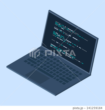 Isometric laptop. Programming on laptop concept with program code. Program code on a laptop screen. Isometric technology. Vector illustration 141259184