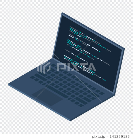 Isometric laptop. Programming on laptop concept with program code. Program code on a laptop screen. Isometric technology. Vector illustration Isometric laptop. Programming on laptop concept with program code. Program code on a laptop screen. Isometric technology. Vector illustration 141259185