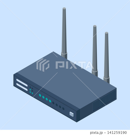 Isometric network wifi router with antennas. Wireless network communication technology. Wireless internet router. Network technology. Vector illustration 141259190