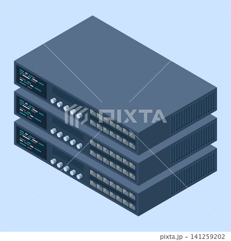 Isometric server. Server network equipment. Computer network technology. Storage database. Isometric technology. Vector illustration 141259202