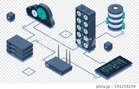 Isometric cloud technology with server. Isometric server and hosting storage technology. Web hosting concept. Isometric technology Isometric cloud technology with server. Isometric server and hosting storage technology. Web hosting concept. Isometric technology 141259239