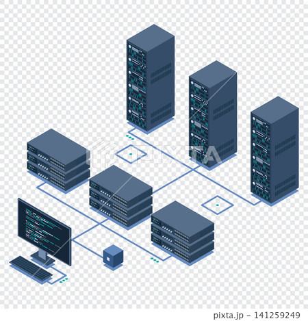 Isometric monitoring big data storage. Data transmission technology. Online hosting technology concept. Isometric technology Isometric monitoring big data storage. Data transmission technology. Online hosting technology concept. Isometric technology 141259249