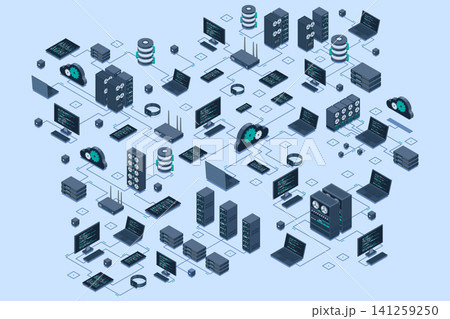 Isometric data network management. Cloud storage data and synchronization of devices. Networking, database, cloud storage. Isometric technology Isometric data network management. Cloud storage data and synchronization of devices. Networking, database, cloud storage. Isometric technology 141259250