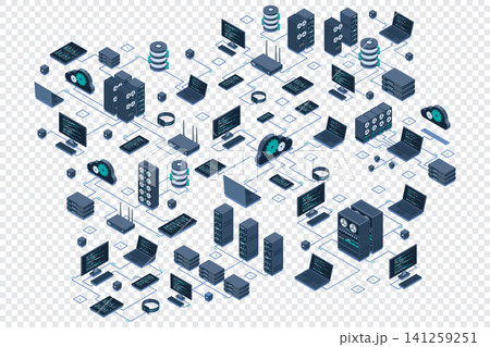 Isometric data network management. Cloud storage data and synchronization of devices. Networking, database, cloud storage. Isometric technology 141259251