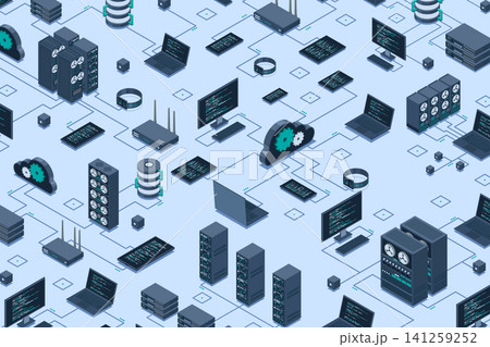 Isometric data network management. Cloud storage data and synchronization of devices. Networking, database, cloud storage. Isometric technology 141259252