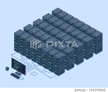 Isometric monitoring big data storage. Data transmission technology. Online hosting technology concept. Isometric technology 141259268
