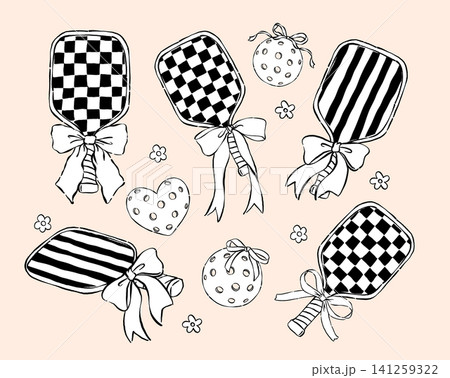 Outline Girly Pickleball Paddle and Ball with bow Hand Drawn Set, Retro pickle ball elements collection Outline Girly Pickleball Paddle and Ball with bow Hand Drawn Set, Retro pickle ball elements collection 141259322
