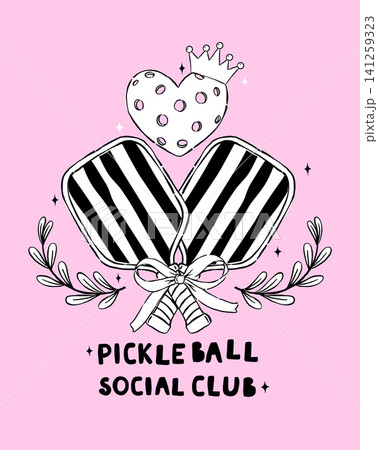 Outline Girly Pickleball Paddle and Heart Ball Logo Hand Drawn, Retro Sport Social Club Party Lifestyle. Outline Girly Pickleball Paddle and Heart Ball Logo Hand Drawn, Retro Sport Social Club Party Lifestyle. 141259323