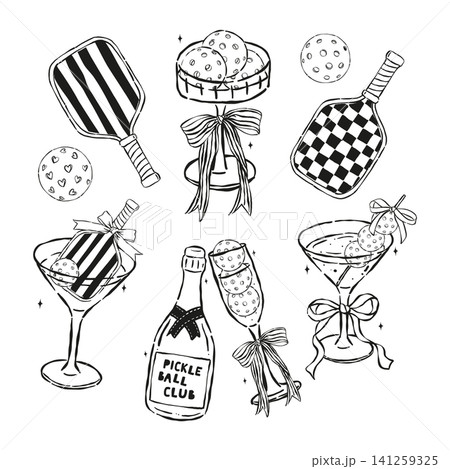 Outline Retro Girly Pickleball Drinks and paddle Hand Drawn Set,pickle ball line art elements collection 141259325