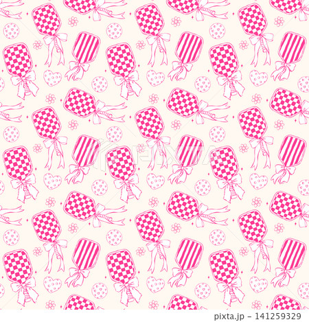 Outline Retro Girly Pickleball with Ribbon Bow seamless pattern sketchy hand drawn repeat background Outline Retro Girly Pickleball with Ribbon Bow seamless pattern sketchy hand drawn repeat background 141259329