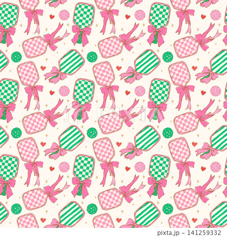 Retro Girly Pickleball with Ribbon Bow seamless pattern sketchy hand drawn repeat background Retro Girly Pickleball with Ribbon Bow seamless pattern sketchy hand drawn repeat background 141259332