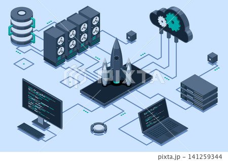 Isometric business startup. Business startup team launching rocket with computer and server. Startup your project. Launch concept. Isometric technology 141259344