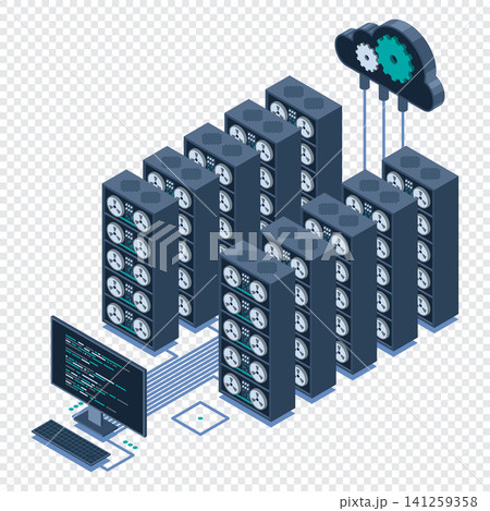 Isometric monitoring big data storage. Data transmission technology. Online hosting technology concept. Isometric technology Isometric monitoring big data storage. Data transmission technology. Online hosting technology concept. Isometric technology 141259358
