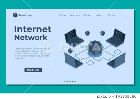 Isometric laptop connected with globe landing page. Global communication internet network. Storage and communication technology. Isometric technology 141259360
