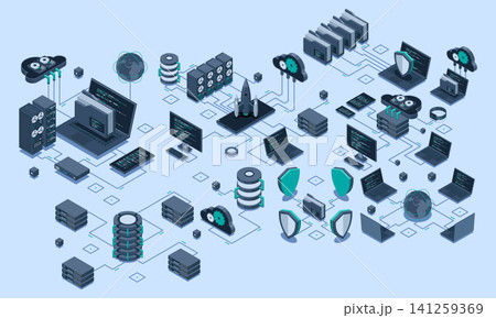Isometric data network management. Cloud storage data and synchronization of devices. Networking, database, cloud storage. Isometric technology Isometric data network management. Cloud storage data and synchronization of devices. Networking, database, cloud storage. Isometric technology 141259369