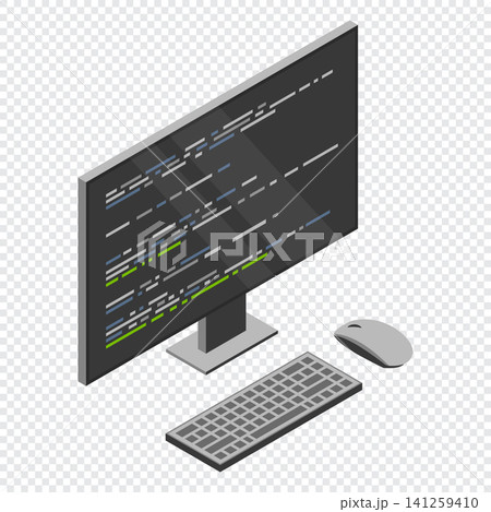 Isometric monitor with program code on screen. Computer programming with keyboard and mouse. Programming concept. Web development Isometric monitor with program code on screen. Computer programming with keyboard and mouse. Programming concept. Web development 141259410