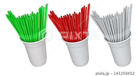 Multiple colorful plastic straws arranged in plastic cups isolated on white background, symbolizing party beverages 141259452