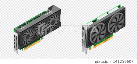 3D isometric video graphic card. Video graphics card for cryptocurrency mining or gaming. GPU graphic card illustration. Personal computer hardware components 141259607