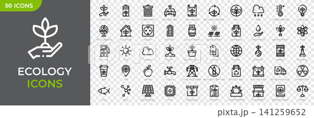 Set of 50 ecology outline icons. Eco friendly icon. Environment, sustainability, nature, recycle, renewable energy. Green symbol. Vector illustration Set of 50 ecology outline icons. Eco friendly icon. Environment, sustainability, nature, recycle, renewable energy. Green symbol. Vector illustration 141259652