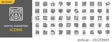 Set of 50 digital marketing outline icons. Marketing and advertising icon collection. Seo, website, social media and online advertising. Vector illustration Set of 50 digital marketing outline icons. Marketing and advertising icon collection. Seo, website, social media and online advertising. Vector illustration 141259665
