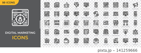 Set of 50 digital marketing outline icons. Marketing and advertising icon collection. Seo, website, social media and online advertising. Vector illustration 141259666