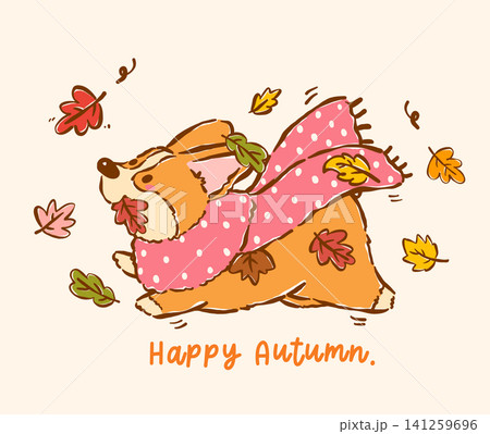 Corgi Autumn Chasing Fall Leaves Cute Dog Cartoon Hand Drawn Character Playful Derpy Funny Whimsical Welsh Corgi Seasonal Pet Illustration 141259696