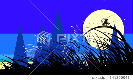 満月とススキの原っぱに佇む鈴虫の秋の夜景ベクターイラスト 141260041