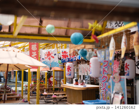 レトロな休憩所に並ぶかき氷の吊り旗とソフトクリームの提灯がある日本の夏の風景 レトロな休憩所に並ぶかき氷の吊り旗とソフトクリームの提灯がある日本の夏の風景 141260162