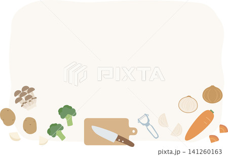 調理道具と定番野菜のイラストフレーム(レシピや献立の背景素材) 調理道具と定番野菜のイラストフレーム(レシピや献立の背景素材) 141260163