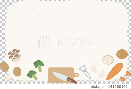 調理道具と定番野菜のイラストフレーム(レシピや献立の背景素材) 調理道具と定番野菜のイラストフレーム(レシピや献立の背景素材) 141260163