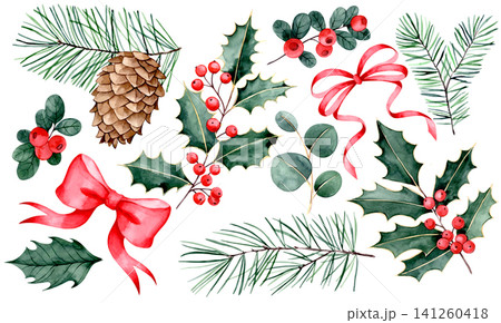 Christmas set with holly and spruce branches, bows, and ribbons. Watercolor illustration. Christmas set with holly and spruce branches, bows, and ribbons. Watercolor illustration. 141260418