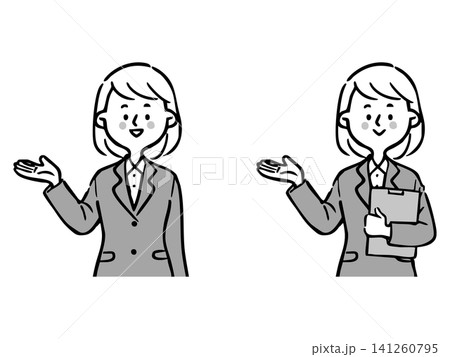 スーツを着た女性社員が案内しているイラスト　上半身　ベクター（オレンジ） 141260795