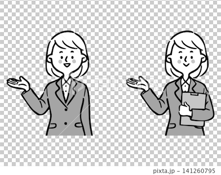 スーツを着た女性社員が案内しているイラスト　上半身　ベクター（オレンジ） 141260795