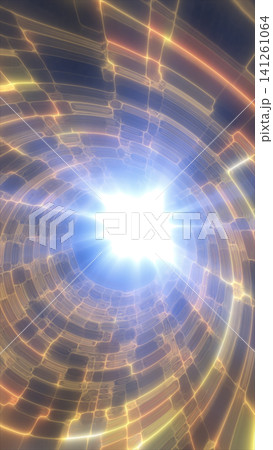 Bright golden and blue abstract portal with circular light rings and a glowing center, evoking energy, depth, and futuristic travel. 141261064