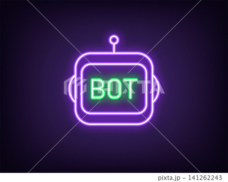 Outline neon chat bot, violet green icon. Neon robot face with Bot text. Virtual assistant, smart bot with AI algorithms, chatbot technology for business tasks, mobile digital helper. Vector 141262243