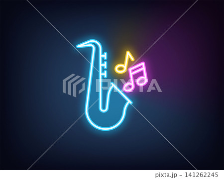 Outline neon jazz music, blue magenta yellow. Neon saxophone with musical notes. Jazz retro party, live classical music, musical festival and jazz show, golden sax melody play, music concert. Vector 141262245