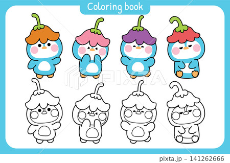 Coloring book.Set of cute penguin wear flower hat in various poses and feeling Coloring book.Set of cute penguin wear flower hat in various poses and feeling 141262666