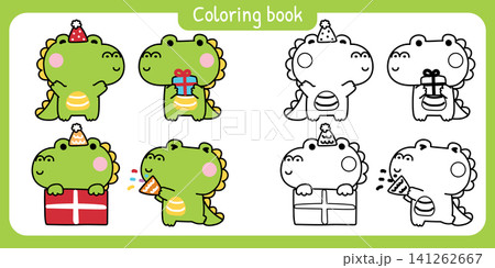 Coloring book.Set of cute crocodiles in various poses and feeling celebrated party.Birthday Coloring book.Set of cute crocodiles in various poses and feeling celebrated party.Birthday 141262667