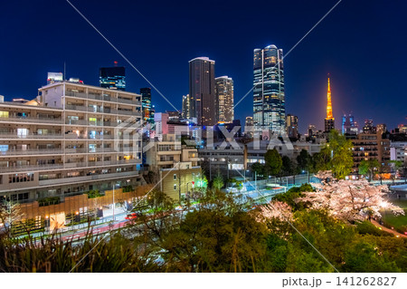 東京都港区 六本木から望む美しい夜桜と、東京タワーや麻布台ヒルズが輝く春の夜景 東京都港区 六本木から望む美しい夜桜と、東京タワーや麻布台ヒルズが輝く春の夜景 141262827