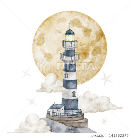 Lighthouse with full moon, clouds and stars watercolor illustration. Isolated Beacon in the sky. Fantasy celestial maritime composition for nursery poster and childish storybook. Art with tower. Lighthouse with full moon, clouds and stars watercolor illustration. Isolated Beacon in the sky. Fantasy celestial maritime composition for nursery poster and childish storybook. Art with tower. 141262875